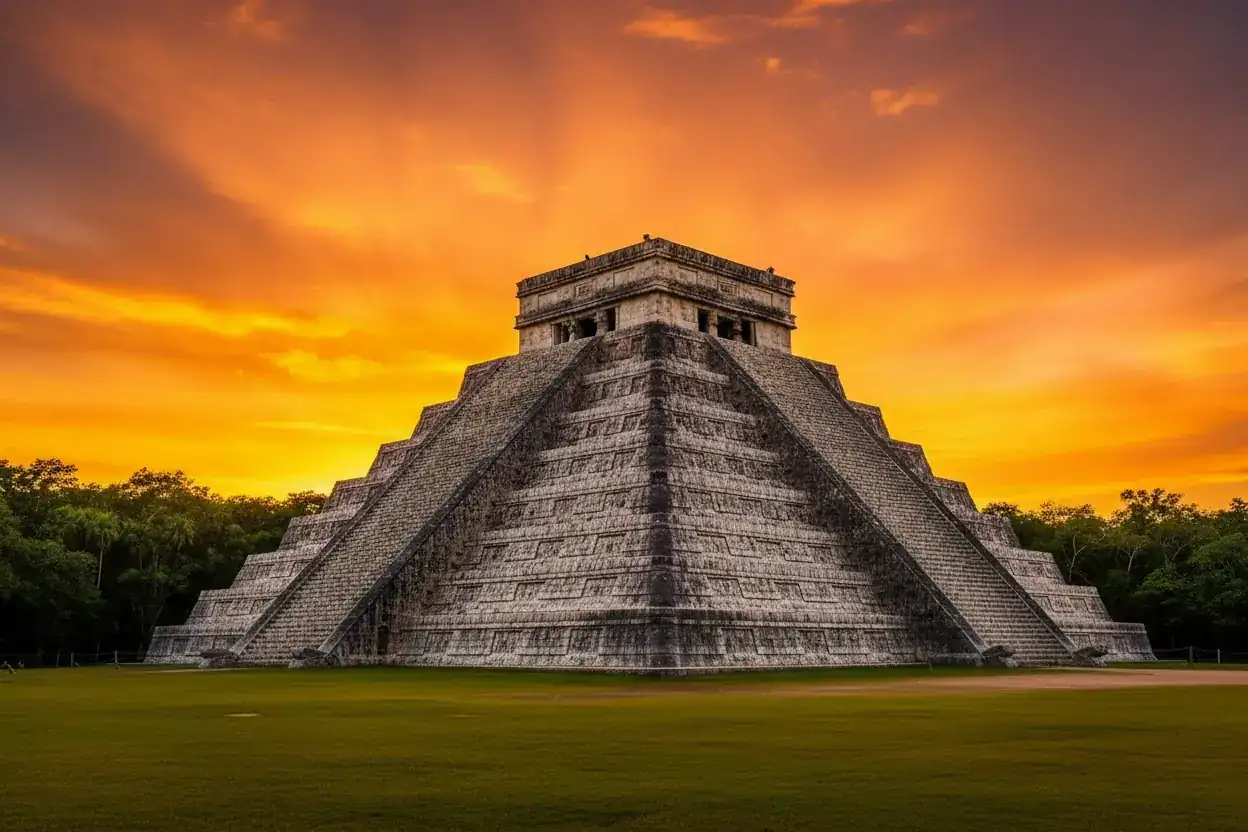 El Castillo pyramid at Chichen Itza during golden hour