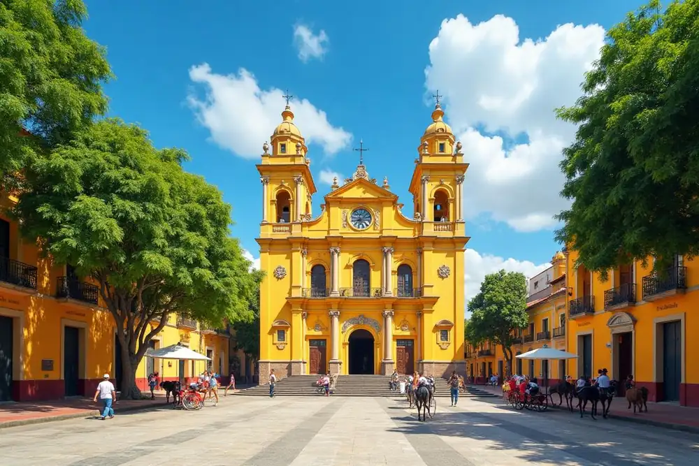 Colonial plaza and cathedral in Merida, the cultural capital of Yucatan state