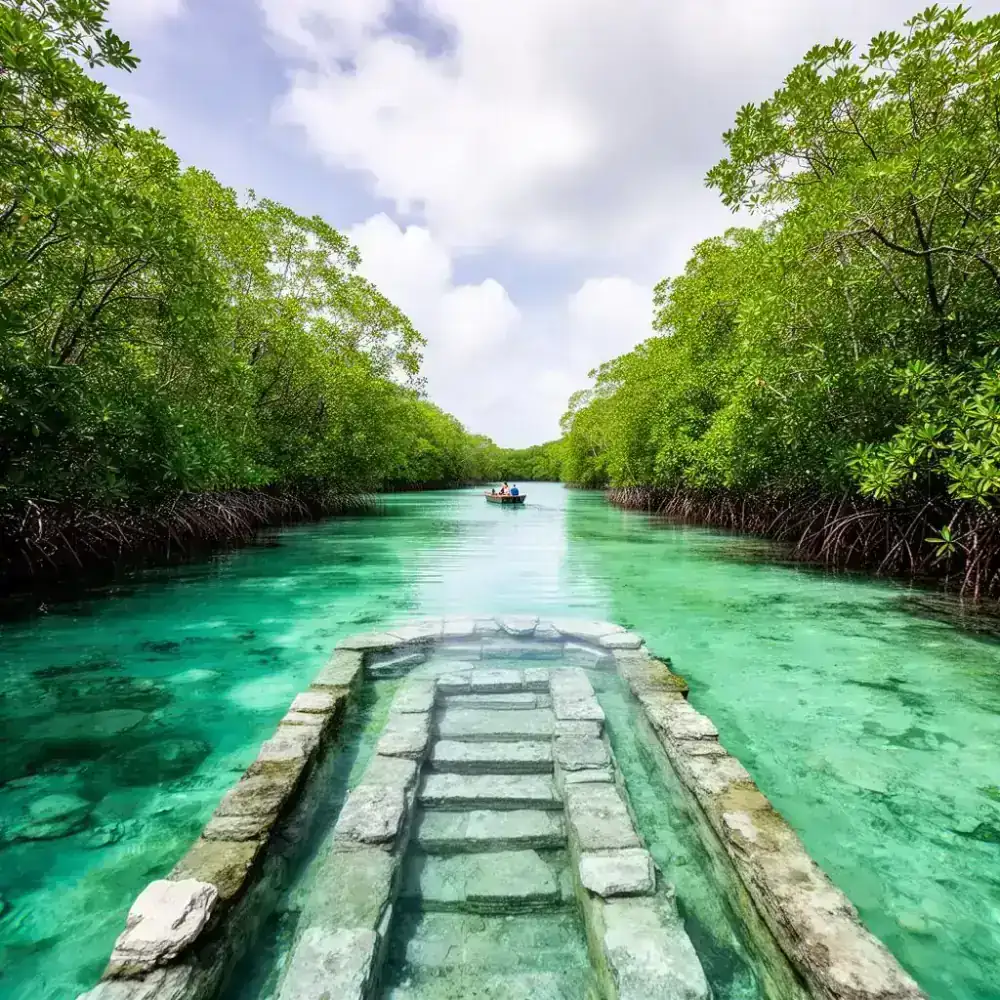 Turquoise lagoon and mangrove channels in Sian Ka'an Biosphere Reserve