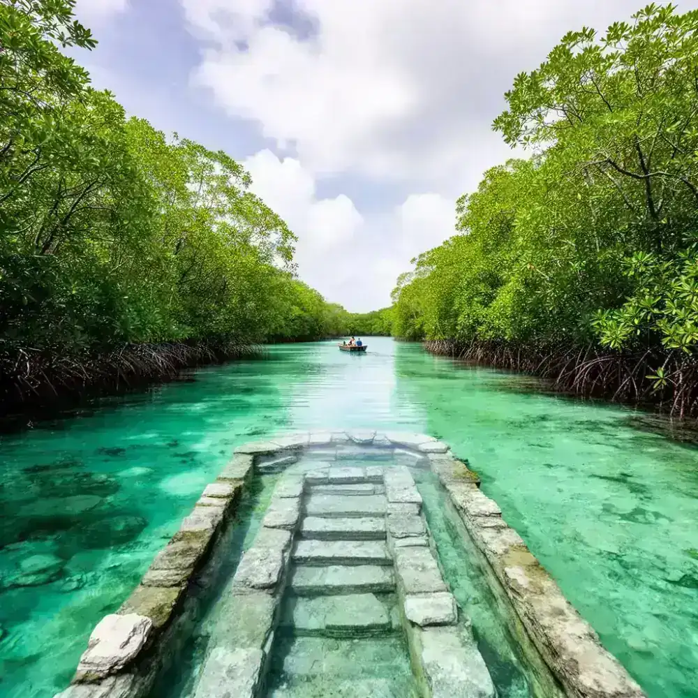 Turquoise lagoon and mangrove channels in Sian Ka'an Biosphere Reserve